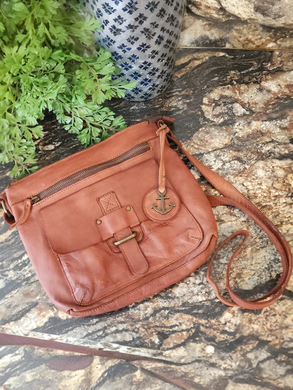 Harbour 2nd Distressed Brown Leather Crossbody Anchor Bag Coastal Everyday Soft!